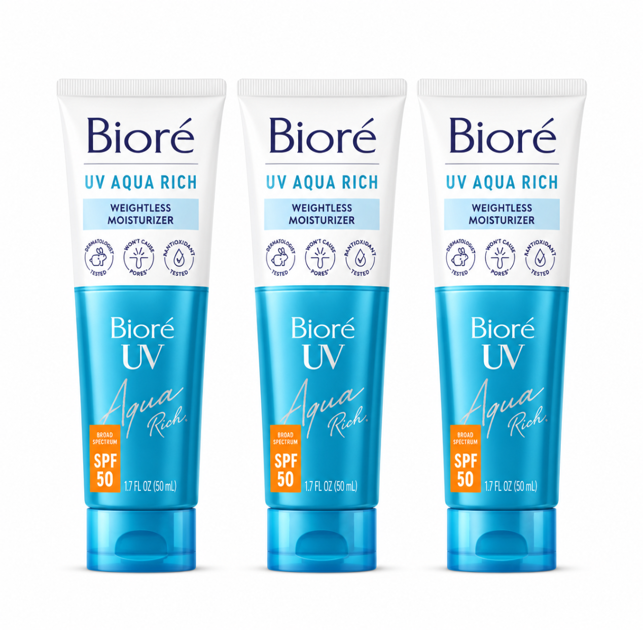 Biore UV Aqua Rich Hidratante Leve FPS 50 1,7 fl oz – 3 unidades