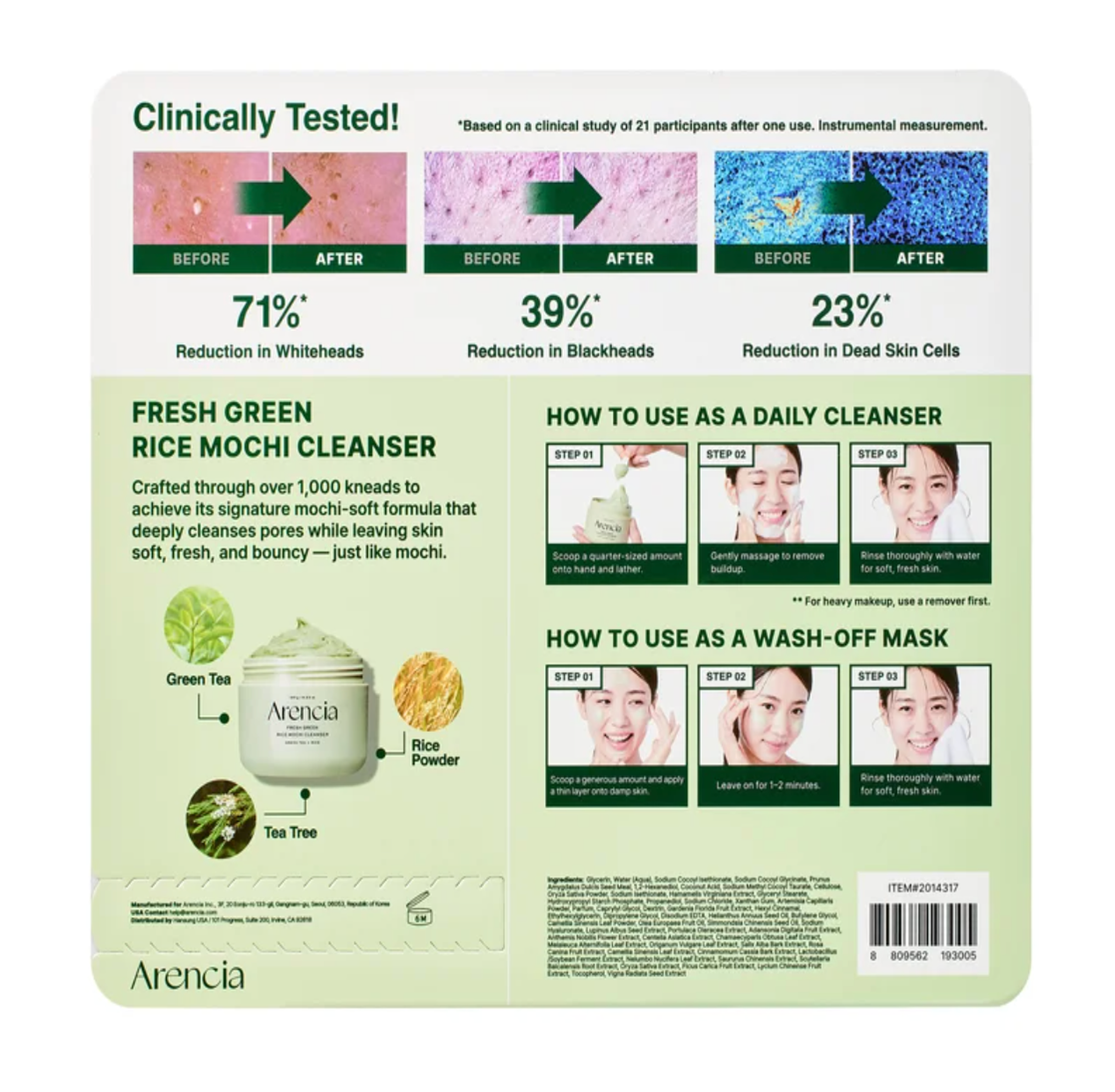 Arencia Fresh Green Rice Mochi Cleanser 4,23 fl oz, pacote com 2 unidades