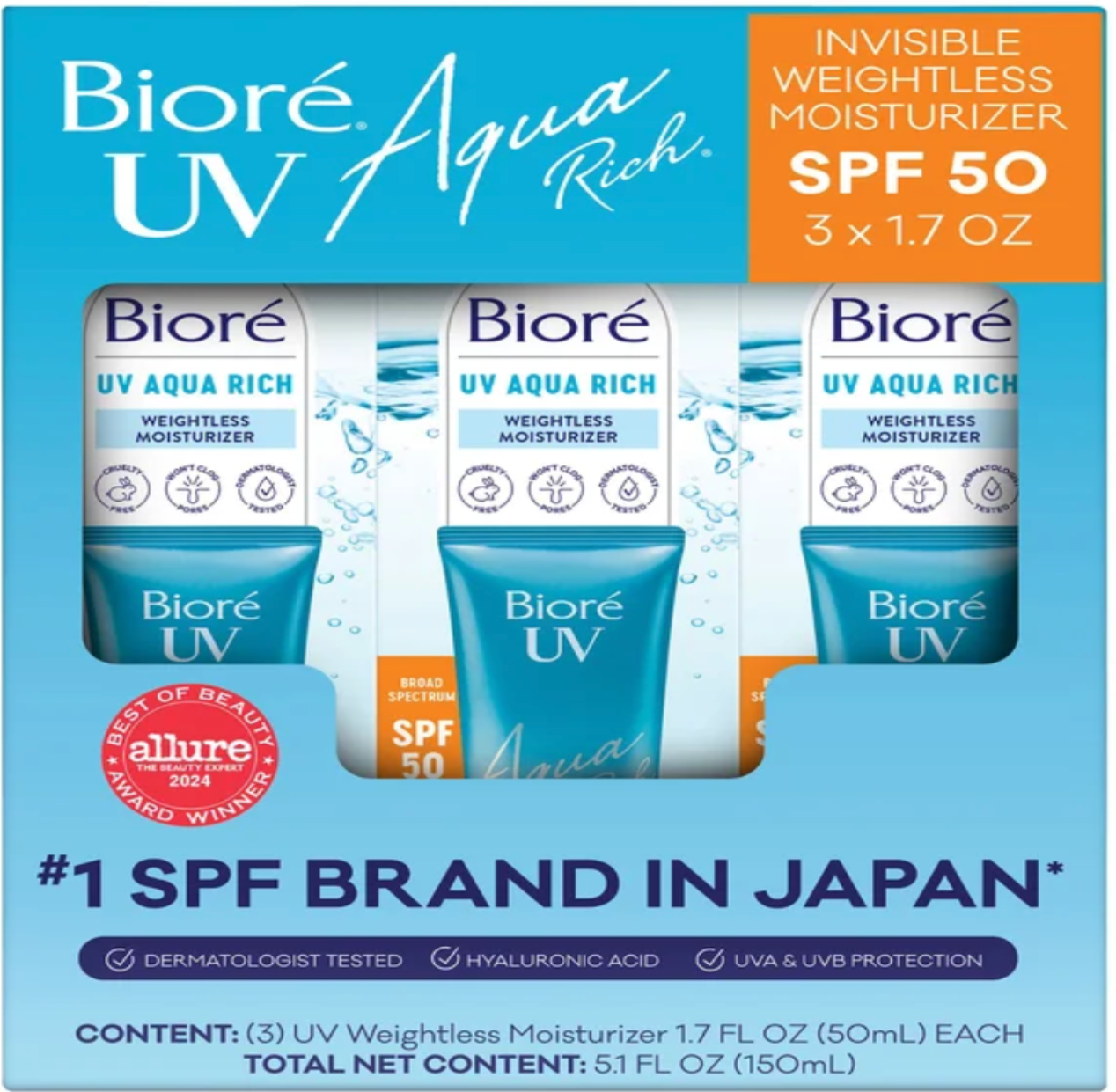 Biore UV Aqua Rich Hidratante Leve FPS 50 1,7 fl oz – 3 unidades