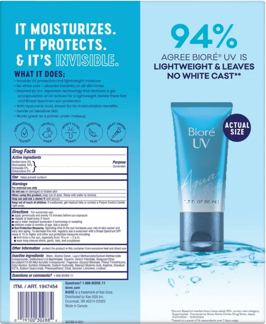 Biore UV Aqua Rich Hidratante Leve FPS 50 1,7 fl oz – 3 unidades